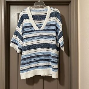 Striped Navy White Crochet V-Neck Knit Sweater Size XL